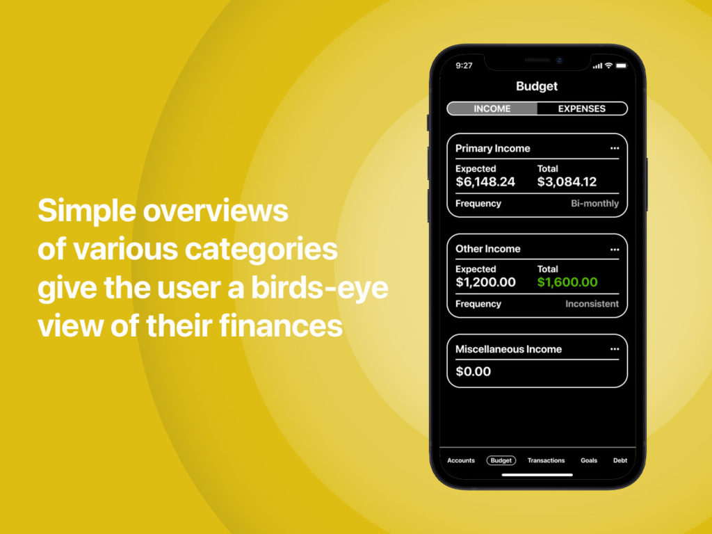 Simple overviews of various categories give the user a birds-eye view of their finances