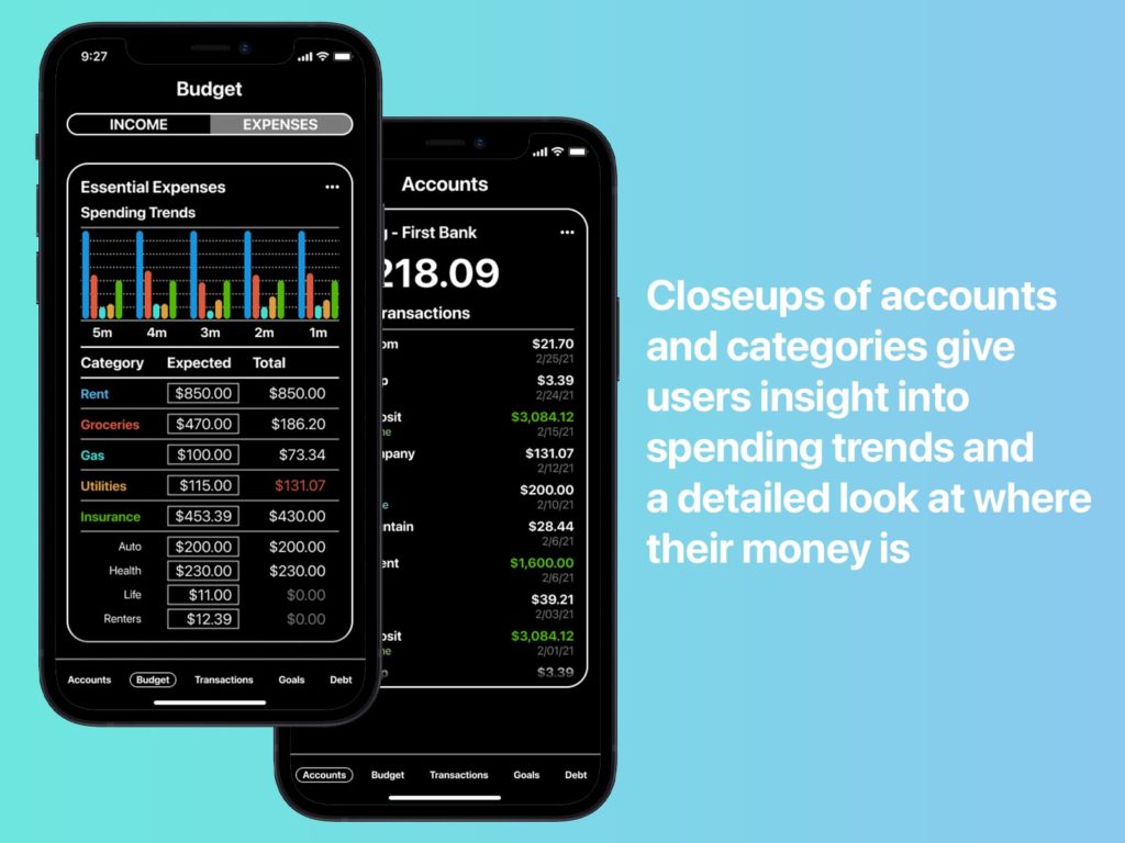 Closeups of accounts and categories five users insight into spending trends and a detailed look at where their money is.