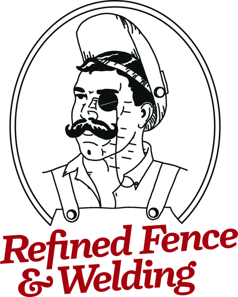 Refined Fence & Welding logo; monocled man wearing a welding mask sporting a dapper handlebar mustache